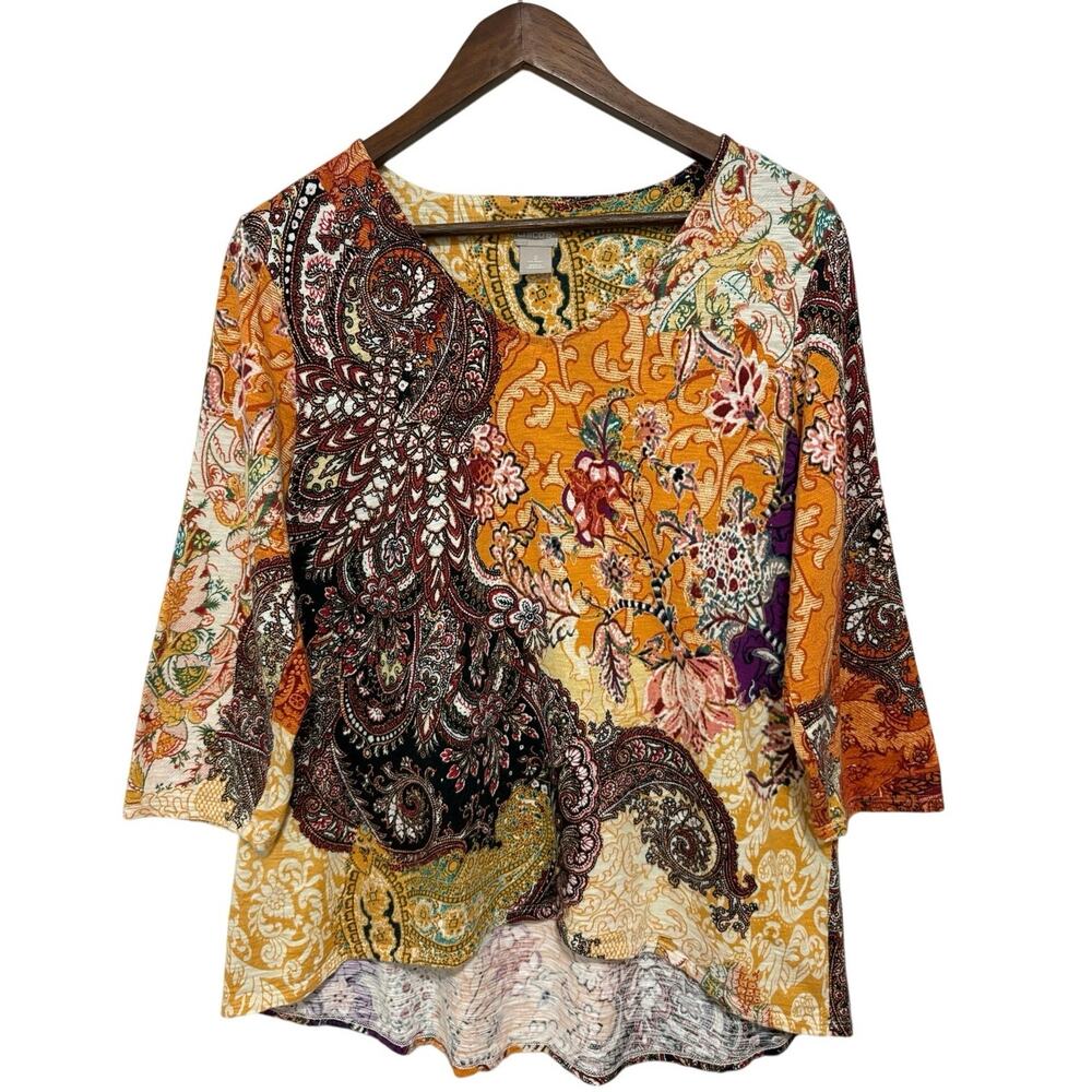 Chico’s Womens Size 2 Multicolor Paisley Floral Print 3/4 Sleeve Tunic Top